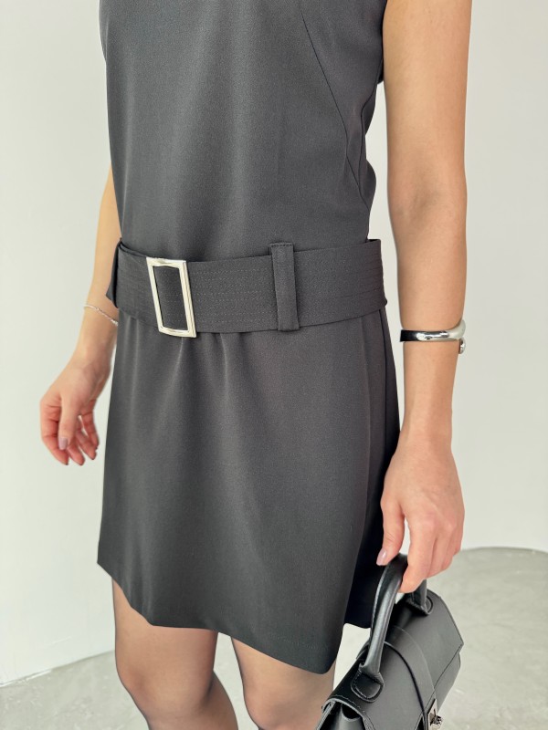 ELB-01750 Siyah Vatkalı Kemerli Dik Yaka Mini Elbise - 6