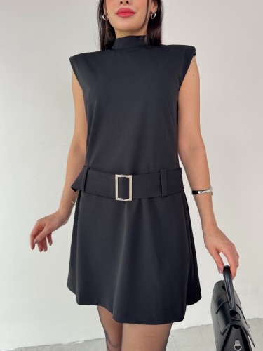 ELB-01750 Siyah Vatkalı Kemerli Dik Yaka Mini Elbise - 2