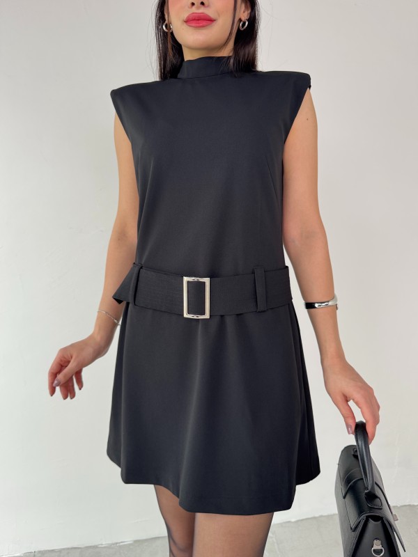 ELB-01750 Siyah Vatkalı Kemerli Dik Yaka Mini Elbise - 2