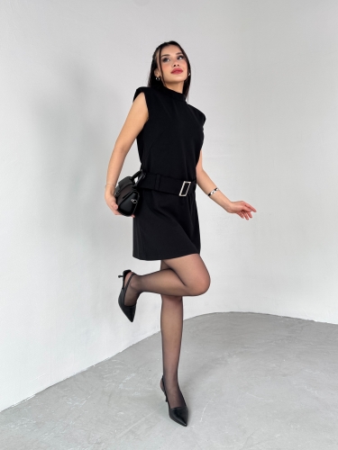 ELB-01750 Siyah Vatkalı Kemerli Dik Yaka Mini Elbise - 3