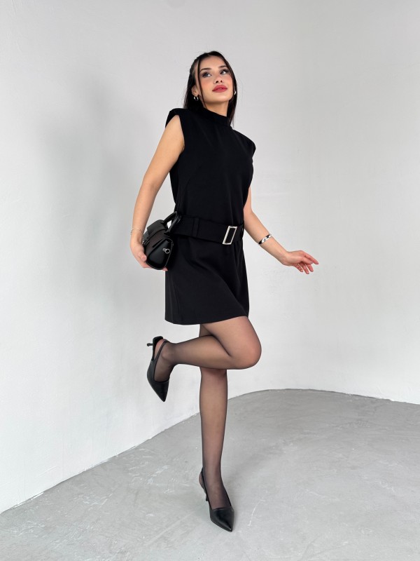 ELB-01750 Siyah Vatkalı Kemerli Dik Yaka Mini Elbise - 3