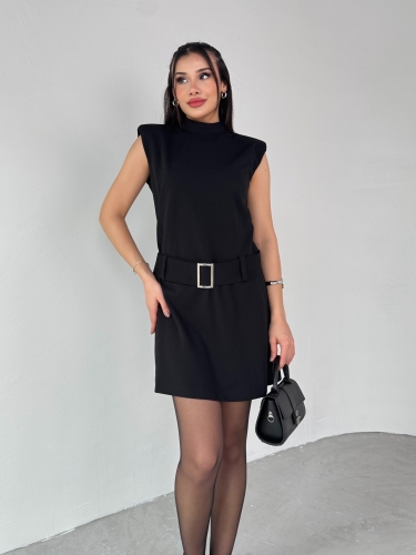 ELB-01750 Siyah Vatkalı Kemerli Dik Yaka Mini Elbise - 5