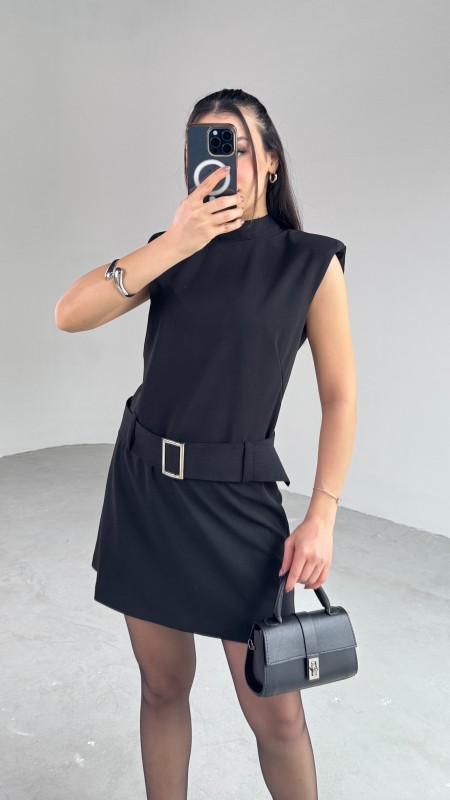 ELB-01750 Siyah Vatkalı Kemerli Dik Yaka Mini Elbise - 4