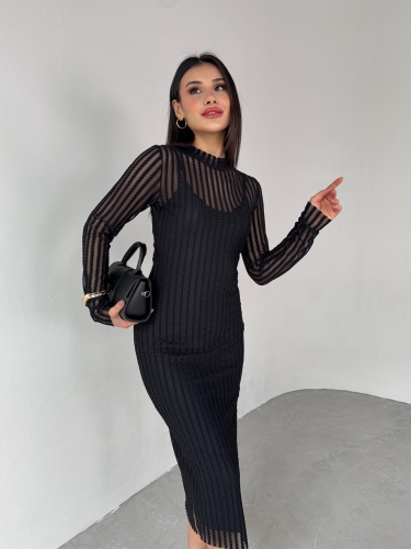 ELB-01751 Siyah Transparan İp Askılı Astarlı Uzun Elbise - 3