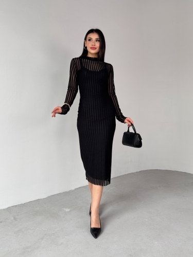 ELB-01751 Siyah Transparan İp Askılı Astarlı Uzun Elbise - 5