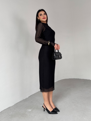 ELB-01751 Siyah Transparan İp Askılı Astarlı Uzun Elbise - 6