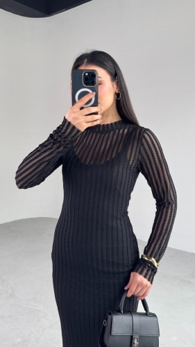 ELB-01751 Siyah Transparan İp Askılı Astarlı Uzun Elbise - 8