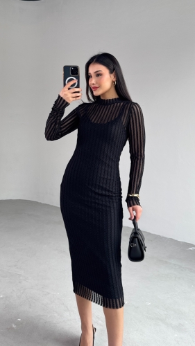 ELB-01751 Siyah Transparan İp Askılı Astarlı Uzun Elbise - 9