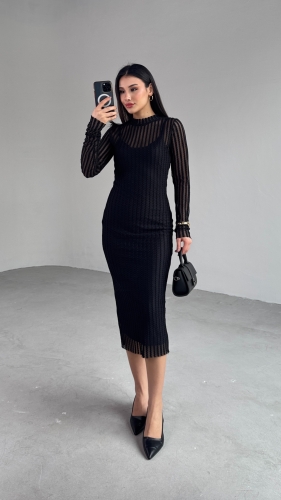 ELB-01751 Siyah Transparan İp Askılı Astarlı Uzun Elbise - 1