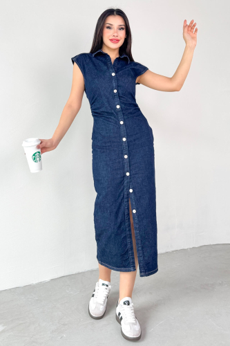 ELB-01752 Koyu Mavi Düğme Görünümlü Gizli Fermuarlı Uzun Elbise - 3