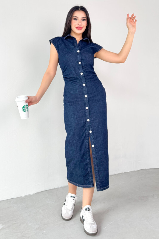 ELB-01752 Koyu Mavi Düğme Görünümlü Gizli Fermuarlı Uzun Elbise - 3