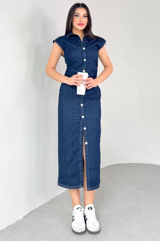 ELB-01752 Koyu Mavi Düğme Görünümlü Gizli Fermuarlı Uzun Elbise - 4