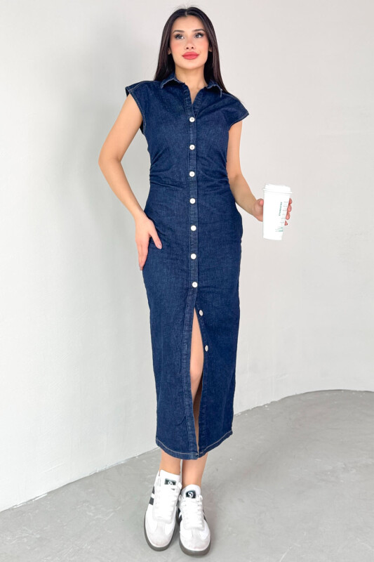 ELB-01752 Koyu Mavi Düğme Görünümlü Gizli Fermuarlı Uzun Elbise - 5