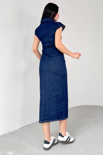 ELB-01752 Koyu Mavi Düğme Görünümlü Gizli Fermuarlı Uzun Elbise - 6