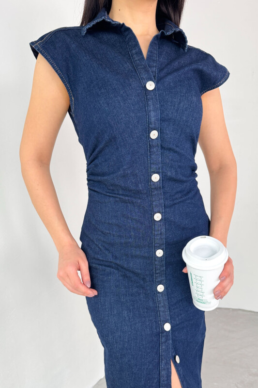 ELB-01752 Koyu Mavi Düğme Görünümlü Gizli Fermuarlı Uzun Elbise - 2