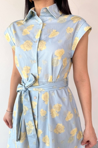 ELB-01757 Bebe Mavi Çiçekli Pamuklu Günlük Elbise - 3