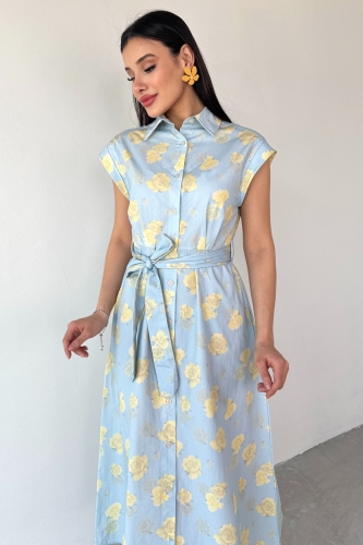 ELB-01757 Bebe Mavi Çiçekli Pamuklu Günlük Elbise - 6