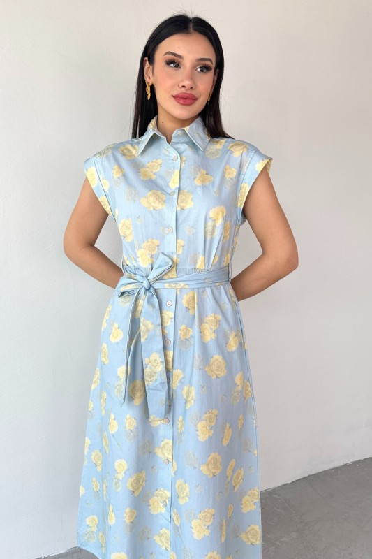 ELB-01757 Bebe Mavi Çiçekli Pamuklu Günlük Elbise - 7