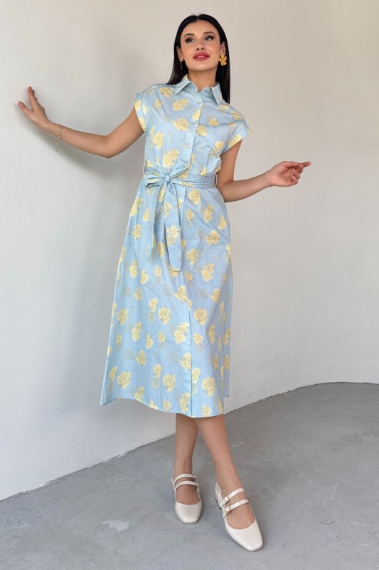 ELB-01757 Bebe Mavi Çiçekli Pamuklu Günlük Elbise - 2