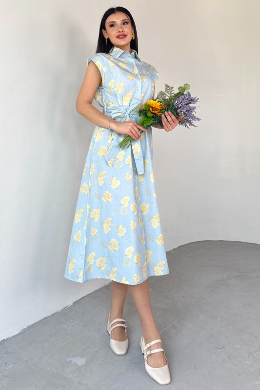 ELB-01757 Bebe Mavi Çiçekli Pamuklu Günlük Elbise - 1