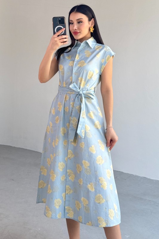ELB-01757 Bebe Mavi Çiçekli Pamuklu Günlük Elbise - 8
