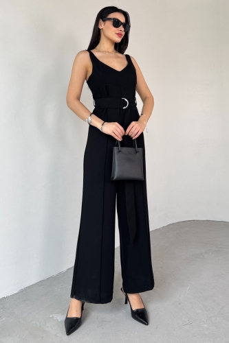 ELB-01758 Siyah İnce Askılı Kuşaklı Tulum - 1