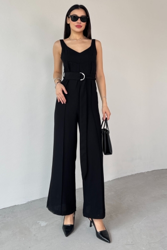 ELB-01758 Siyah İnce Askılı Kuşaklı Tulum - 3