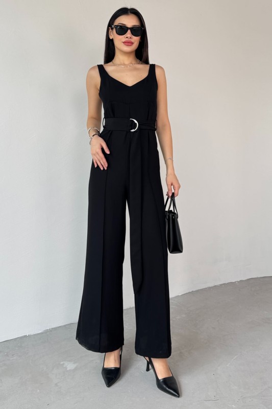 ELB-01758 Siyah İnce Askılı Kuşaklı Tulum - 3