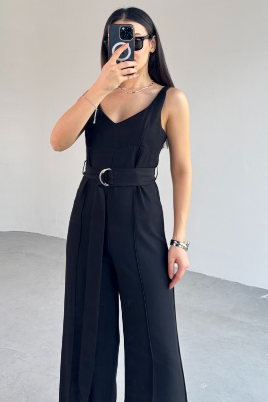 ELB-01758 Siyah İnce Askılı Kuşaklı Tulum - 4