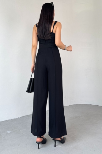 ELB-01758 Siyah İnce Askılı Kuşaklı Tulum - 5