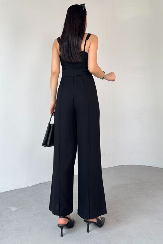 ELB-01758 Siyah İnce Askılı Kuşaklı Tulum - 5