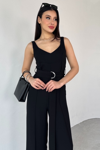 ELB-01758 Siyah İnce Askılı Kuşaklı Tulum - 2