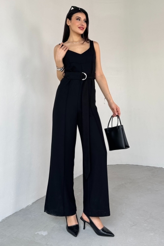 ELB-01758 Siyah İnce Askılı Kuşaklı Tulum - 7