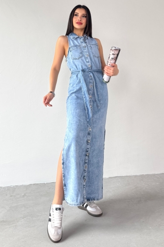 ELB-01759 Mavi Taşlama Kumaş Düğmeli ve Kuşaklı Kot Elbise - 11