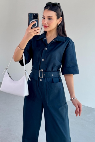 ELB-01760 Lacivert Metal Çıtçıtlı İnce Gabardin Tulum - 2