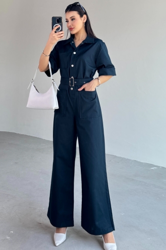 ELB-01760 Lacivert Metal Çıtçıtlı İnce Gabardin Tulum - 3