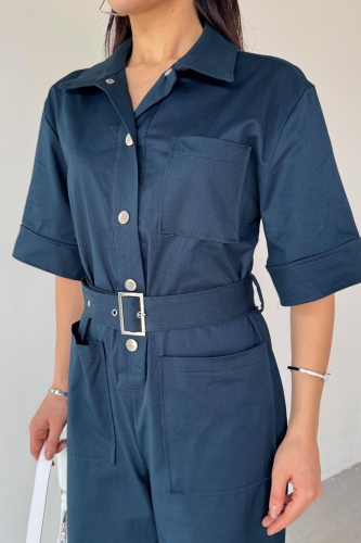 ELB-01760 Lacivert Metal Çıtçıtlı İnce Gabardin Tulum - 5