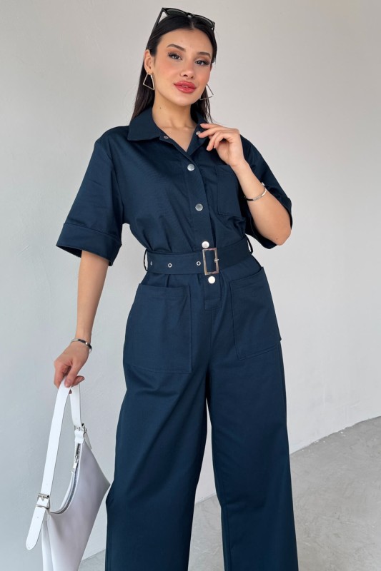 ELB-01760 Lacivert Metal Çıtçıtlı İnce Gabardin Tulum - 6