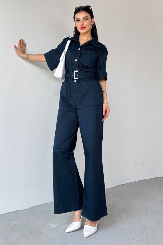 ELB-01760 Lacivert Metal Çıtçıtlı İnce Gabardin Tulum - 7