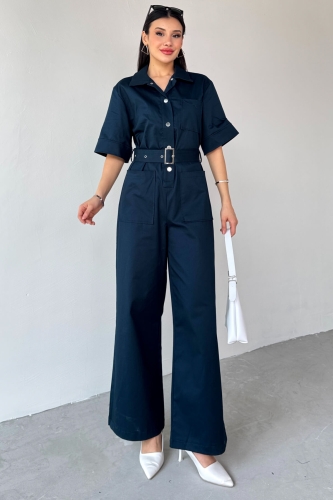 ELB-01760 Lacivert Metal Çıtçıtlı İnce Gabardin Tulum - 1