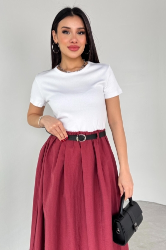 ELB-01762 Bordo Kemerli Balon Etekli Elbise - 2