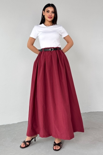 ELB-01762 Bordo Kemerli Balon Etekli Elbise - 4