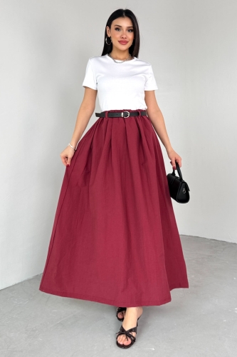 ELB-01762 Bordo Kemerli Balon Etekli Elbise - 1