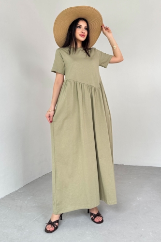 ELB-01763 Haki  Bel Pile Detaylı KIsa Kol Midi Boy Elbise - 3