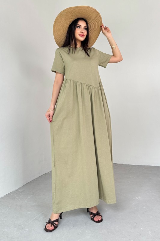 ELB-01763 Haki  Bel Pile Detaylı KIsa Kol Midi Boy Elbise - 3