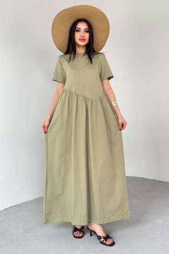 ELB-01763 Haki  Bel Pile Detaylı KIsa Kol Midi Boy Elbise - 4