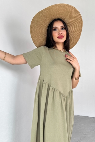 ELB-01763 Haki  Bel Pile Detaylı KIsa Kol Midi Boy Elbise - 2