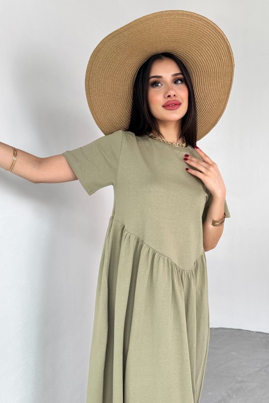 ELB-01763 Haki  Bel Pile Detaylı KIsa Kol Midi Boy Elbise - 2