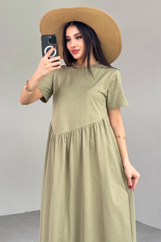 ELB-01763 Haki  Bel Pile Detaylı KIsa Kol Midi Boy Elbise - 5