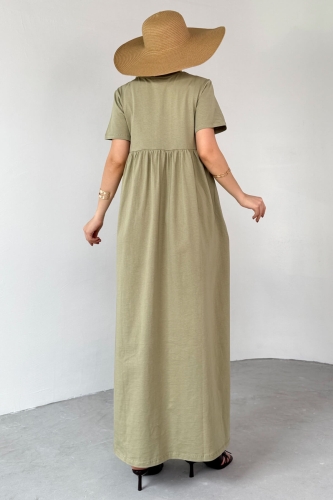 ELB-01763 Haki  Bel Pile Detaylı KIsa Kol Midi Boy Elbise - 6